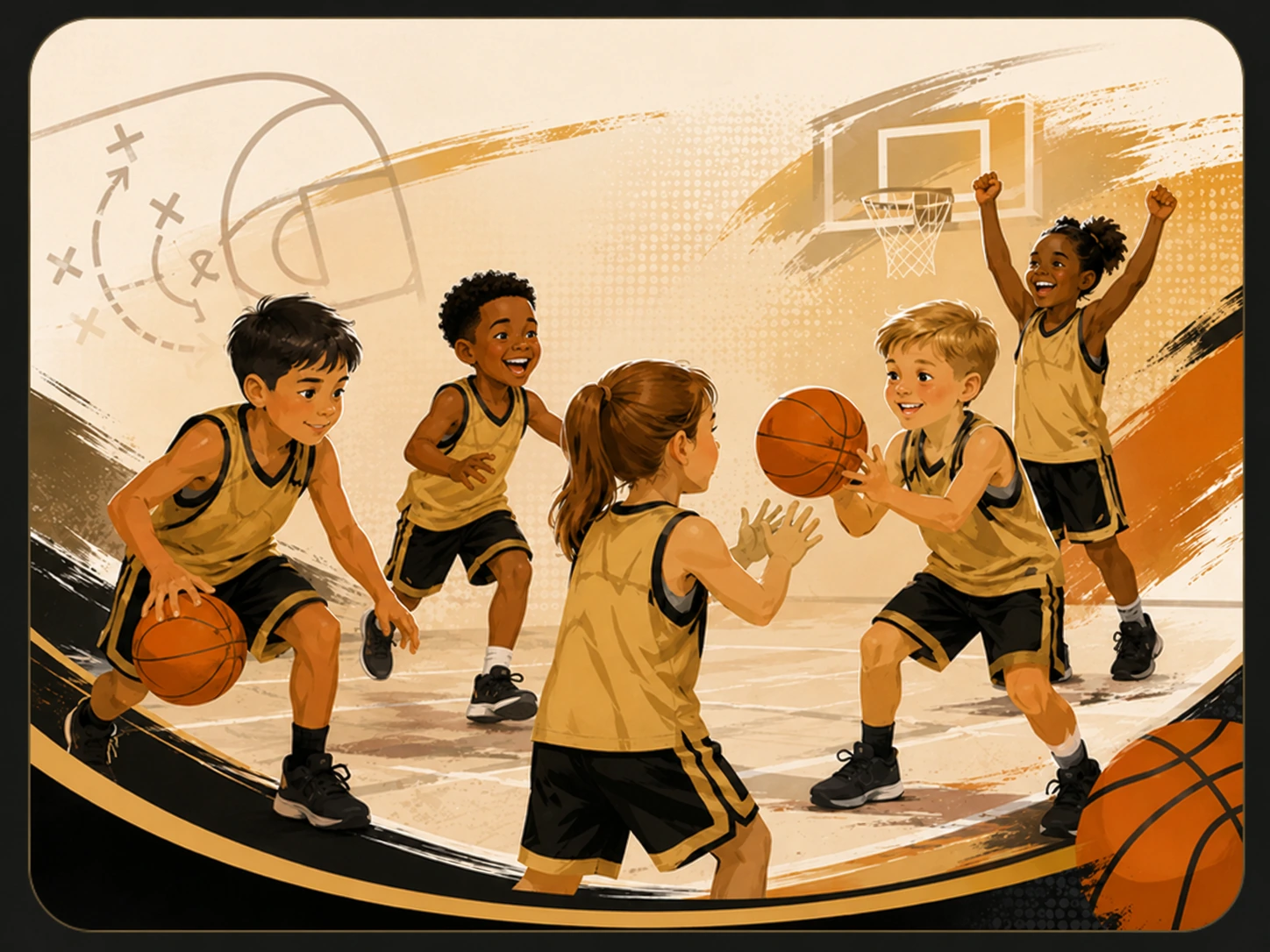 Young basketball players practicing together